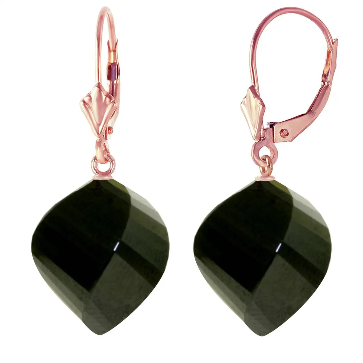 31 Carat 14K Solid Rose Gold Leverback Earrings Twisted Briolette Black Spinel