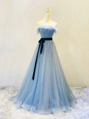 A-Line Gray Blue Tulle Long Prom Dress Gray Blue Long Formal Dress