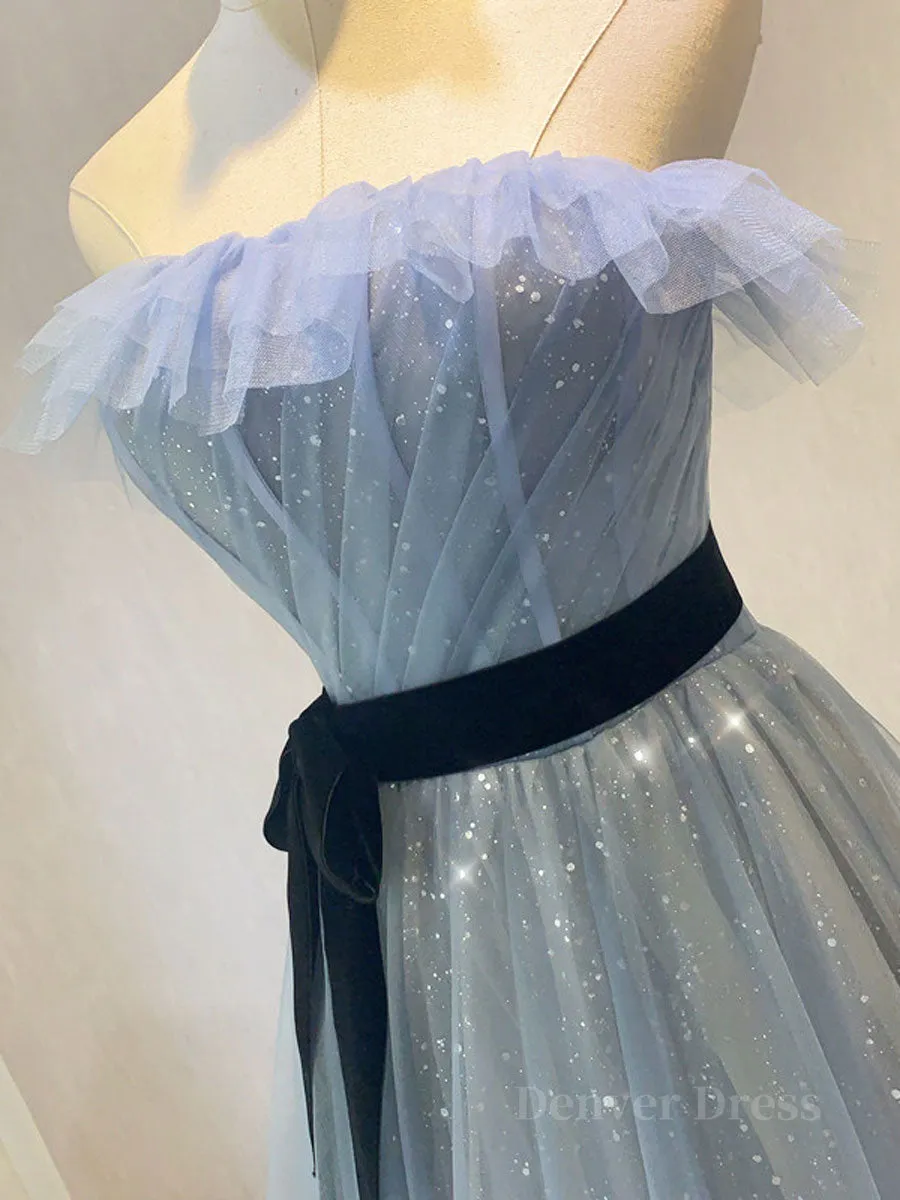 A-Line Gray Blue Tulle Long Prom Dress Gray Blue Long Formal Dress