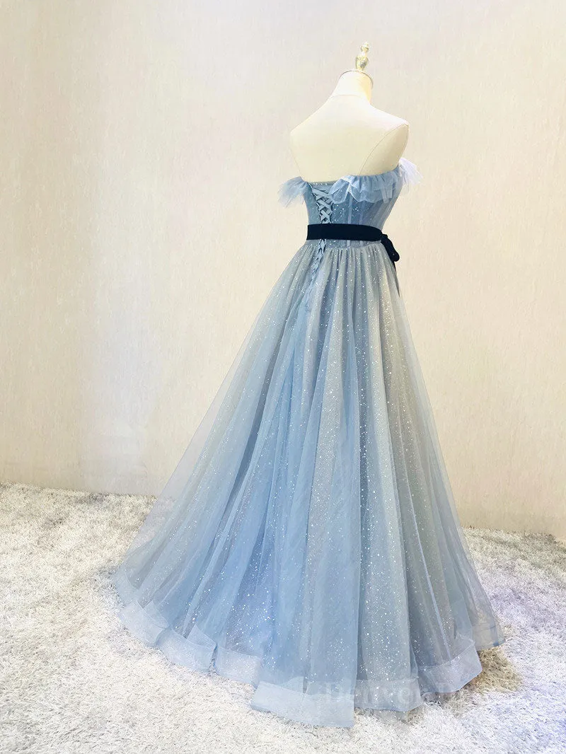 A-Line Gray Blue Tulle Long Prom Dress Gray Blue Long Formal Dress