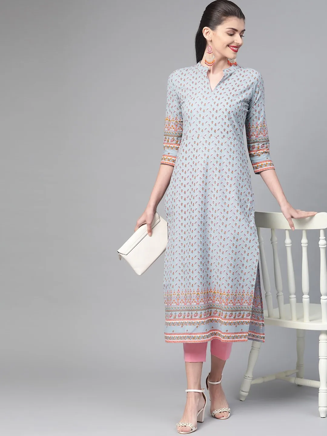 Adults-Women Blue & Pink Cotton Straight Floral Printed Kurta