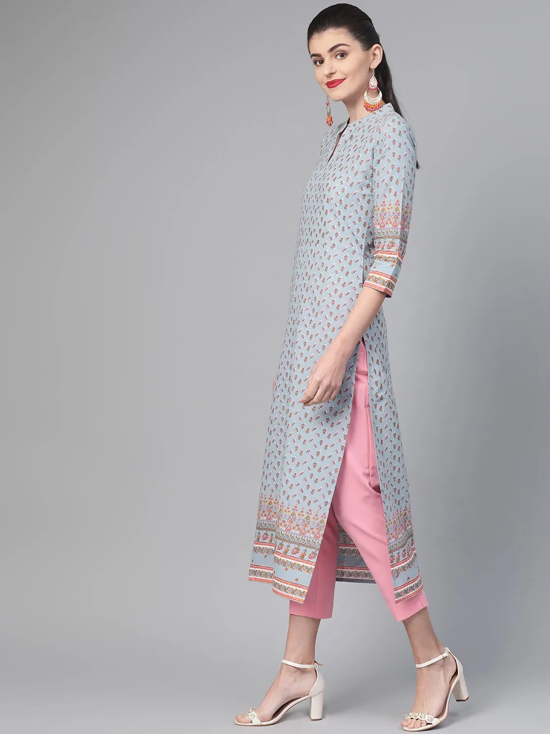 Adults-Women Blue & Pink Cotton Straight Floral Printed Kurta