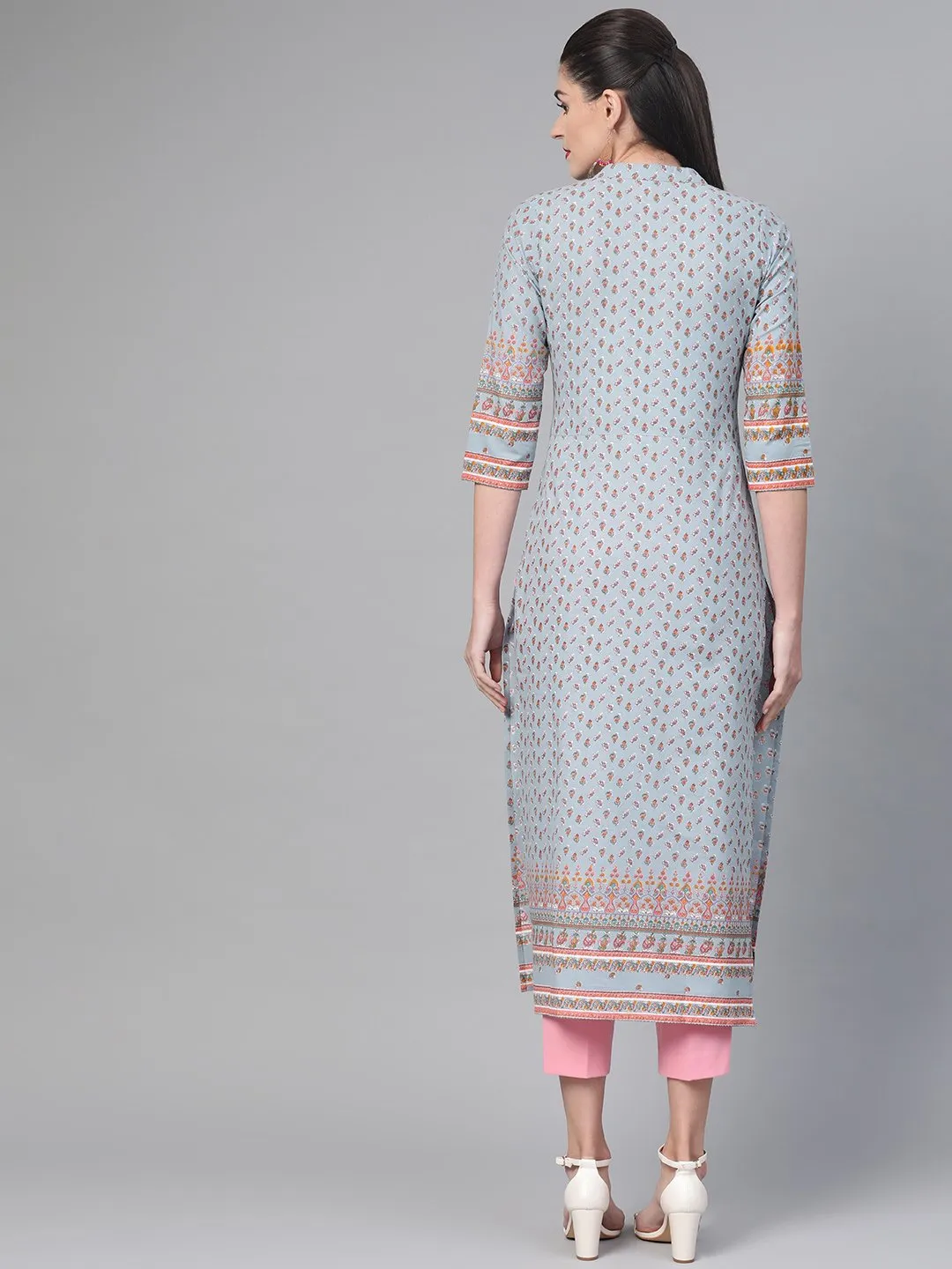 Adults-Women Blue & Pink Cotton Straight Floral Printed Kurta