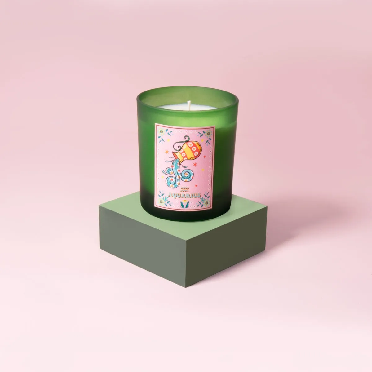 Aquarius Zodiac Illustration Frosted Green Scented Candle