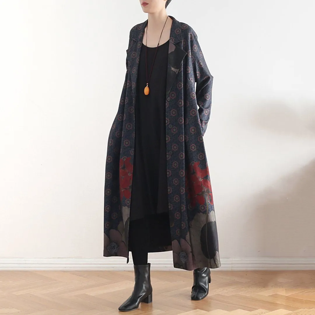 Babakud Women Winter Printed Vintage Loose Casual Long Coat