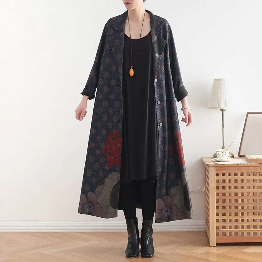 Babakud Women Winter Printed Vintage Loose Casual Long Coat