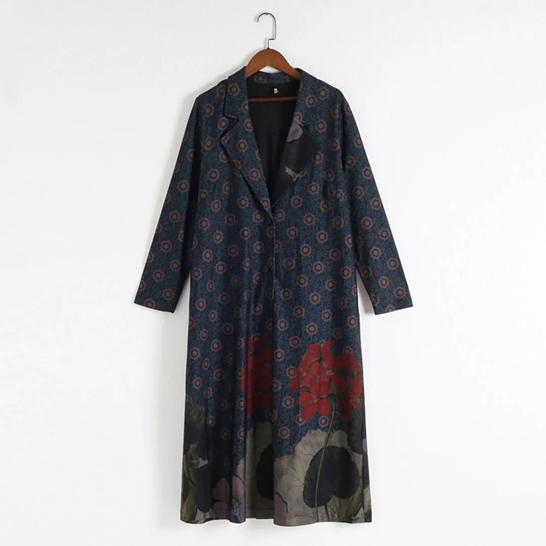 Babakud Women Winter Printed Vintage Loose Casual Long Coat