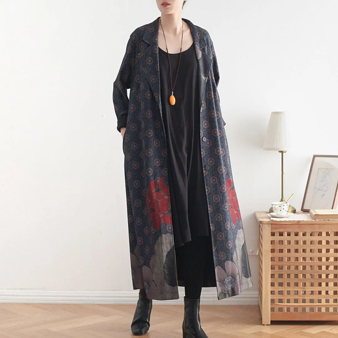 Babakud Women Winter Printed Vintage Loose Casual Long Coat