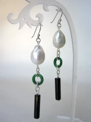 Baroque Pearl and Green Jade Earrings