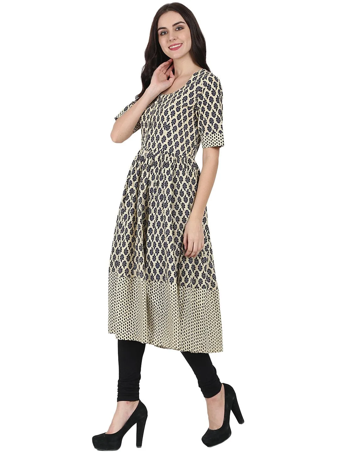 Beige & Blue Printed Half Sleeve Cotton Anarkali Kurta