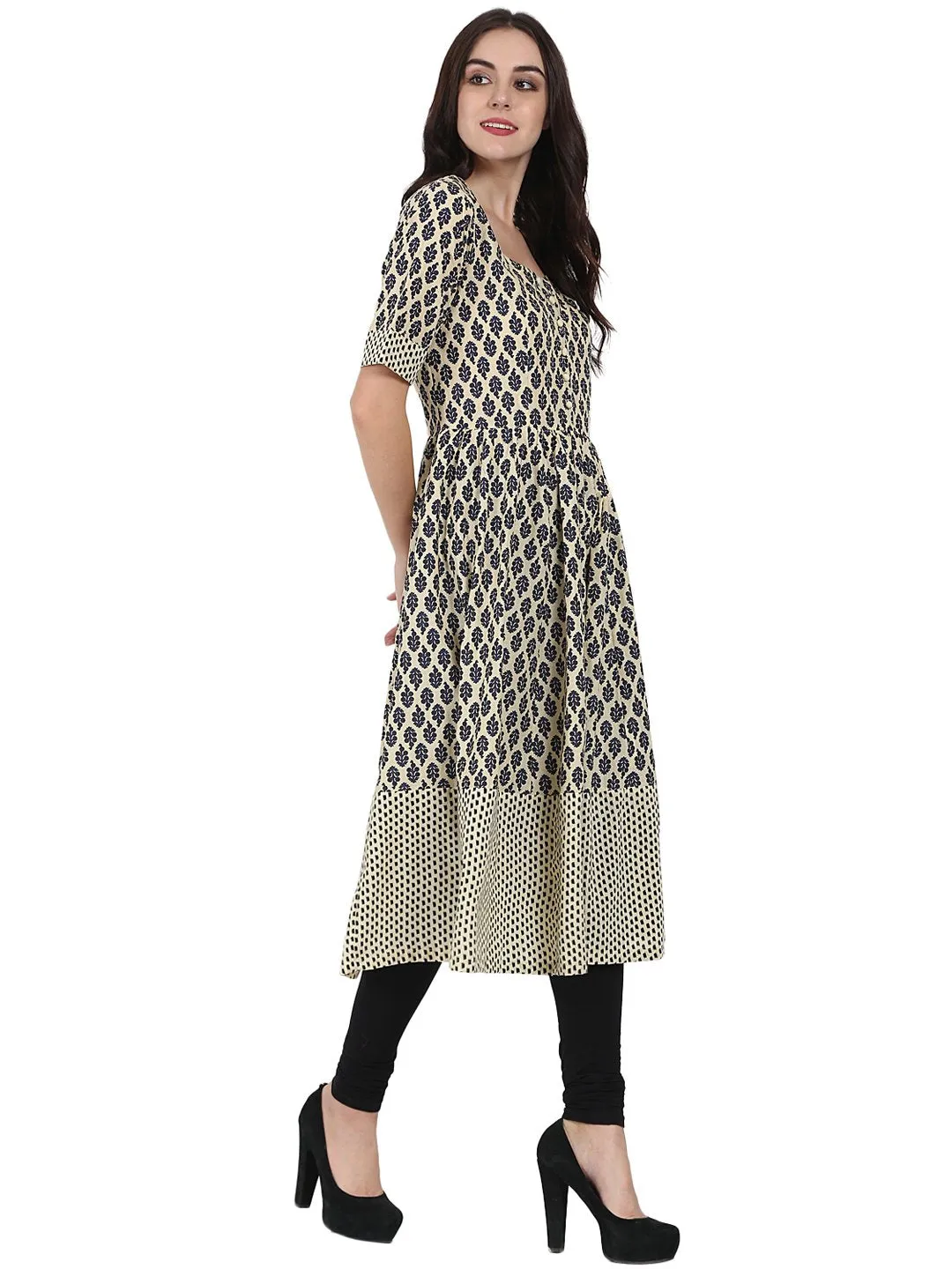 Beige & Blue Printed Half Sleeve Cotton Anarkali Kurta