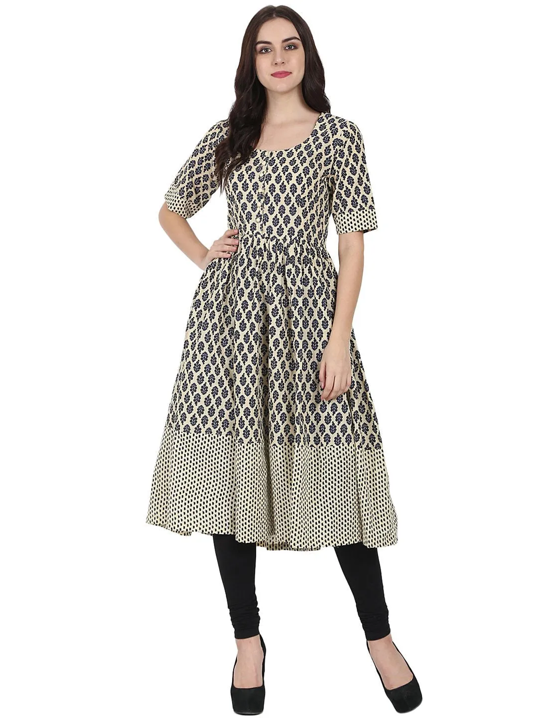 Beige & Blue Printed Half Sleeve Cotton Anarkali Kurta