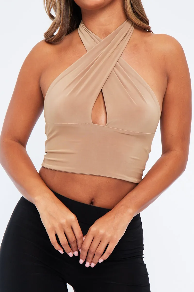 Beige Halter Neck Slinky Crop Top - Jessabel