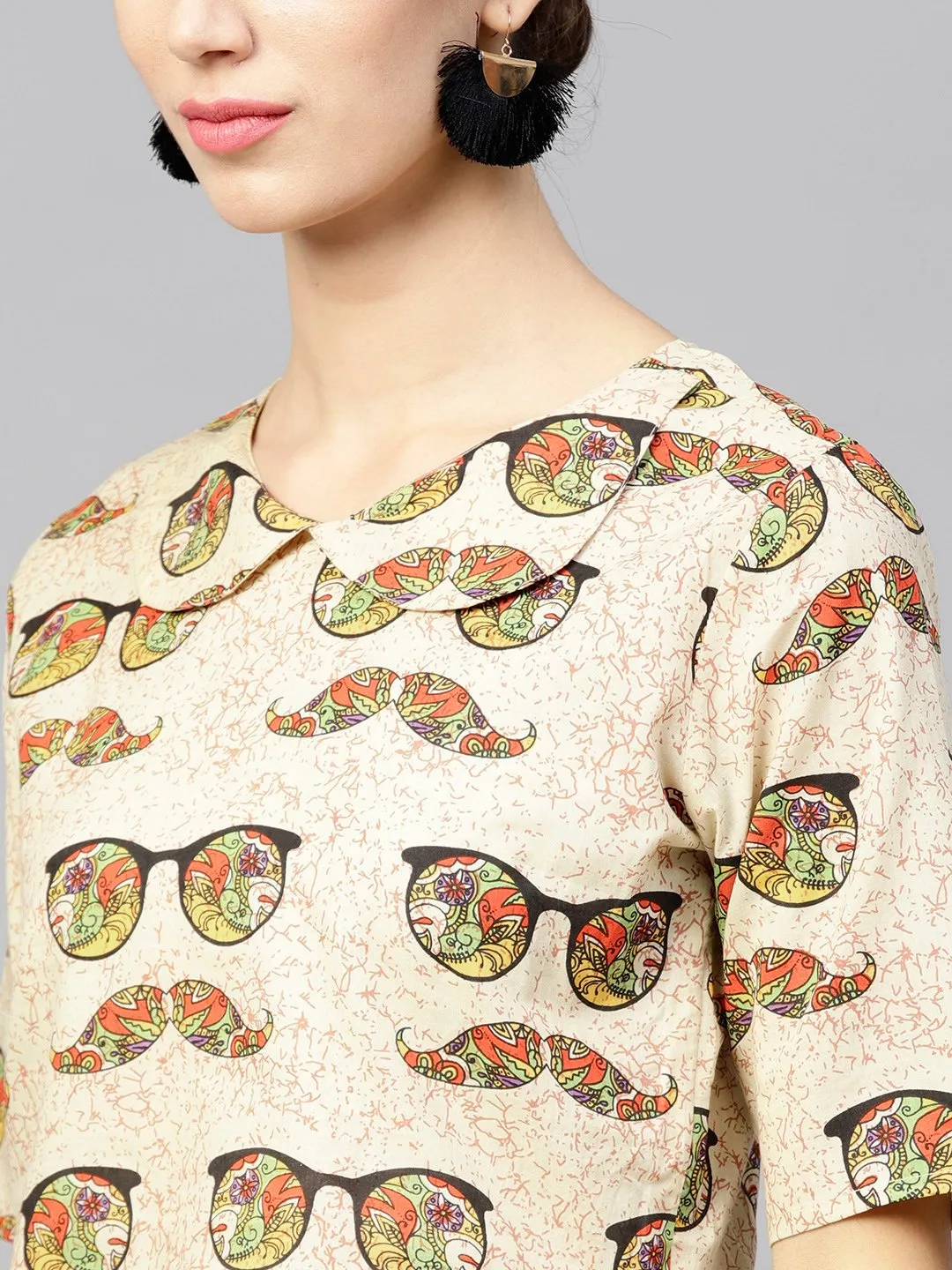 Beige Printed Peter Pan Collar Blouse With Floor Length Flared Ion Skirt