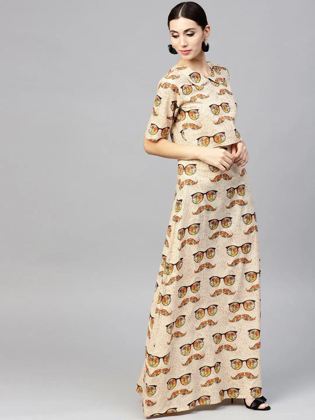 Beige Printed Peter Pan Collar Blouse With Floor Length Flared Ion Skirt