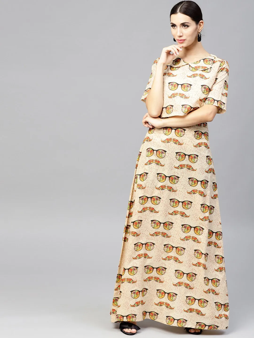 Beige Printed Peter Pan Collar Blouse With Floor Length Flared Ion Skirt