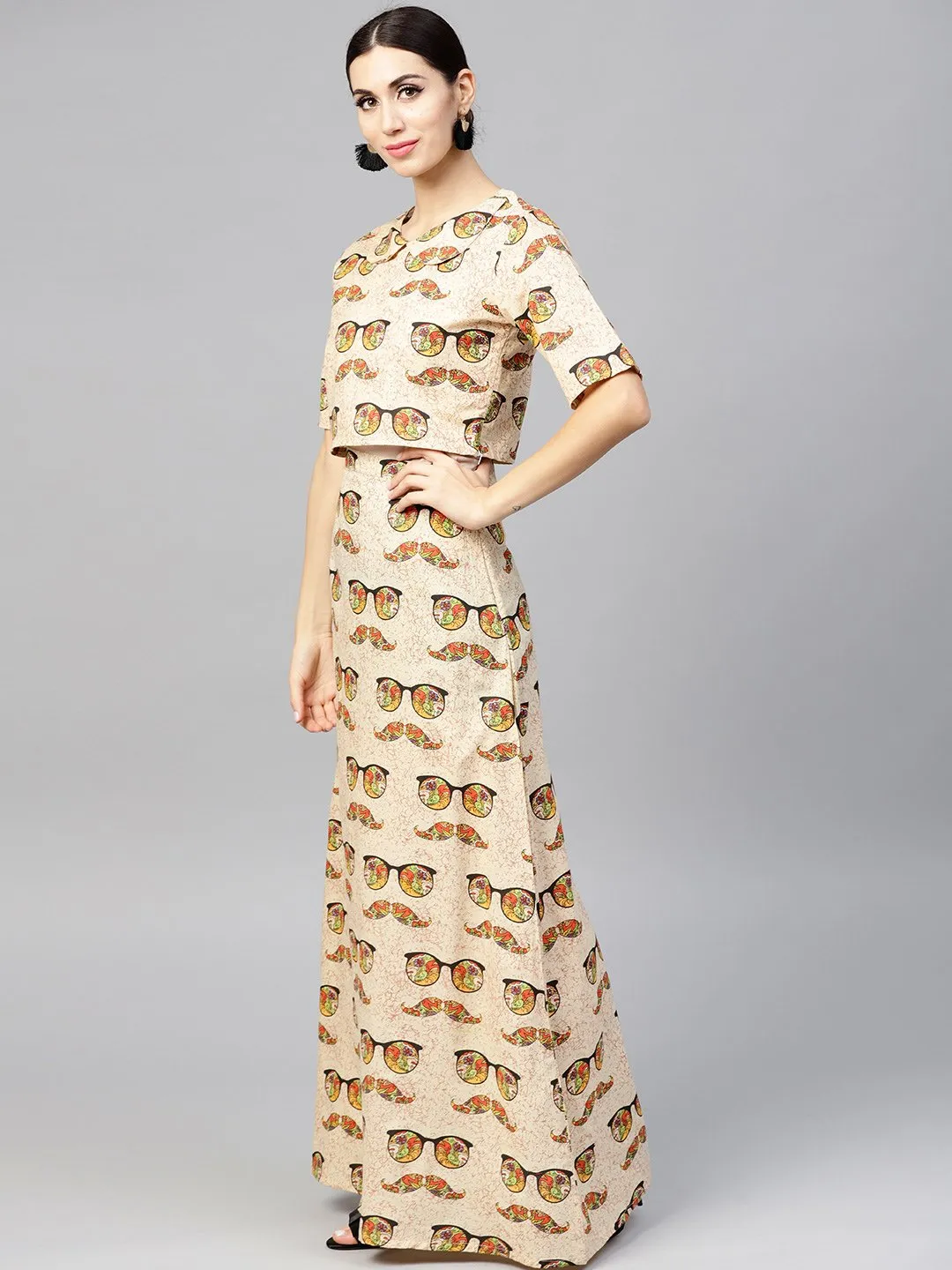 Beige Printed Peter Pan Collar Blouse With Floor Length Flared Ion Skirt