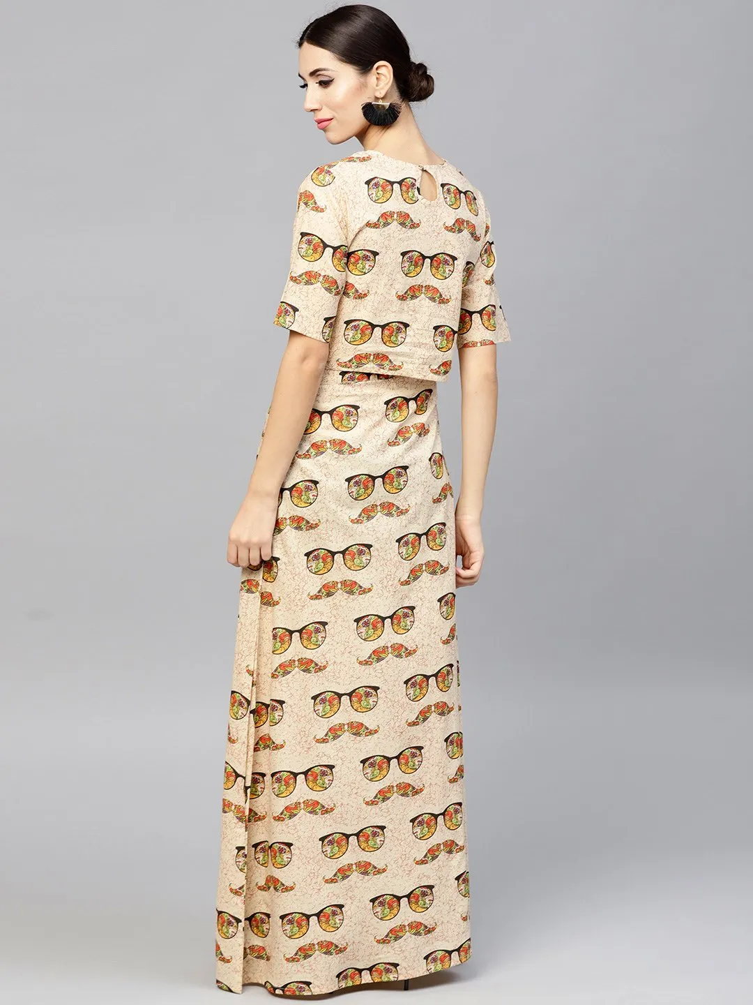 Beige Printed Peter Pan Collar Blouse With Floor Length Flared Ion Skirt