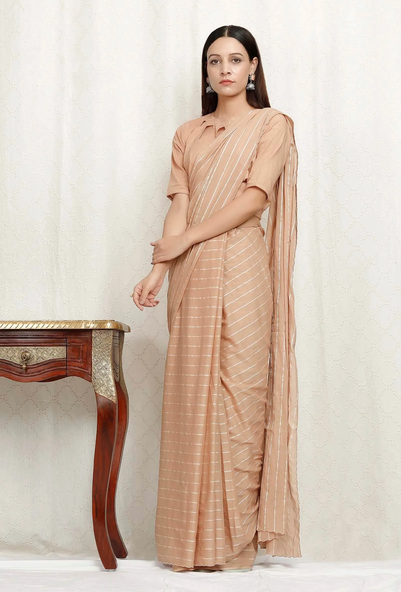 Beige Zari Cotton Saree