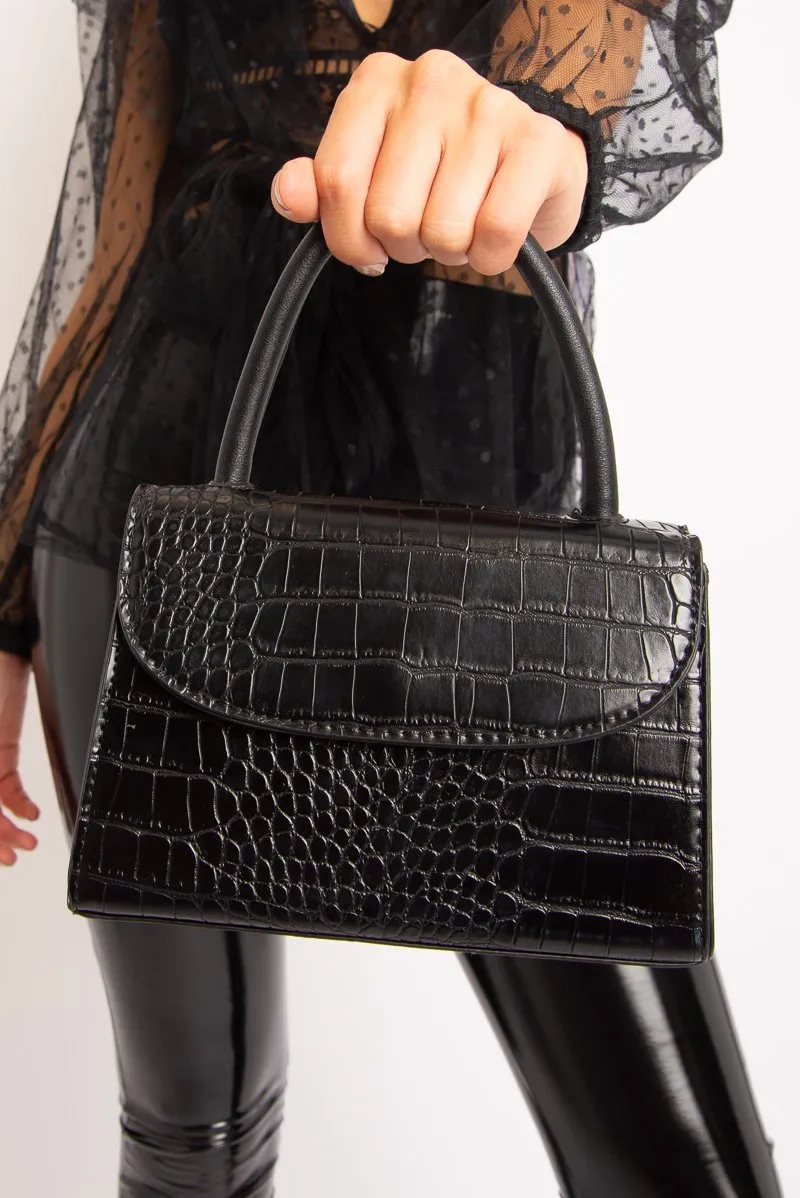 Black Faux Croc Top Handle Bag - Lauran