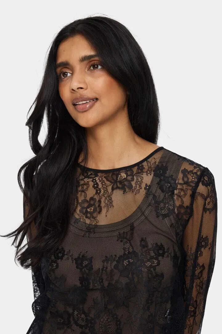 BLACK LACE SHEER LONG SLEEVE TOP