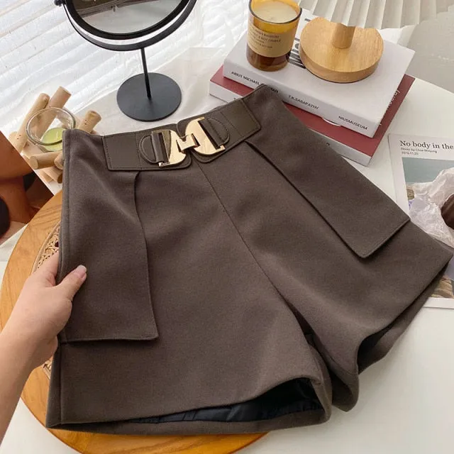 Casual Comfortable Elegant Shorts With Belt Women's Woolen Shorts