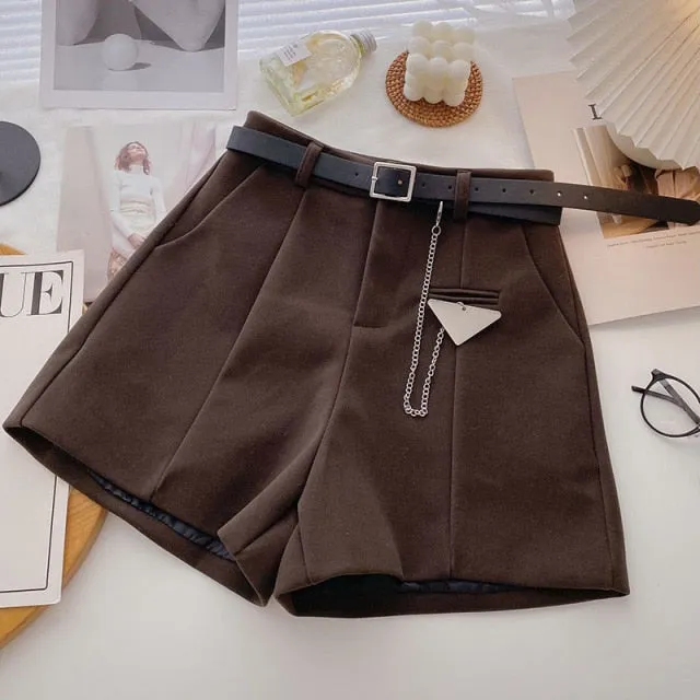 Casual Comfortable Elegant Shorts With Belt Women's Woolen Shorts