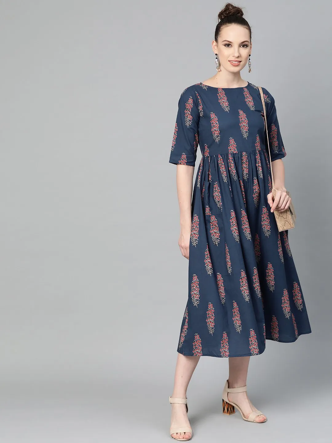 Cobalt Blue & Red Printed Floral Maxi Dress Round Neck & Half Sleeves