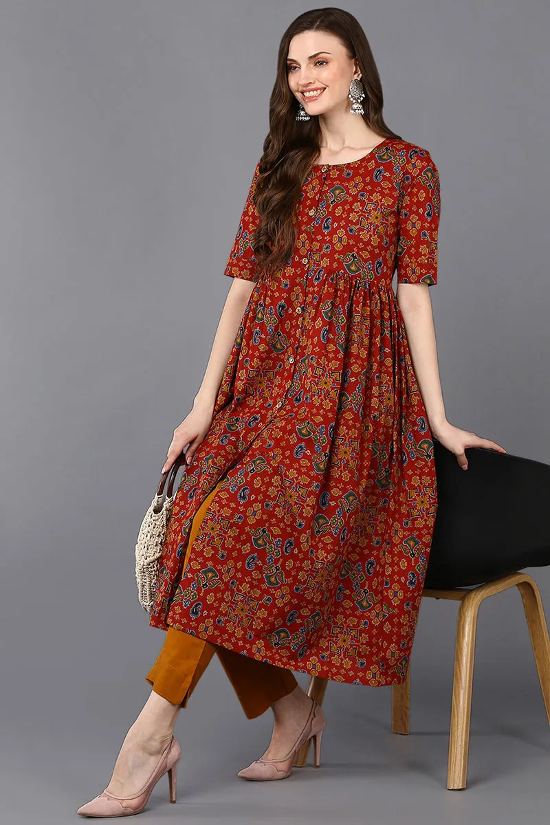 Cotton Red Floral Printed Flared Kurta