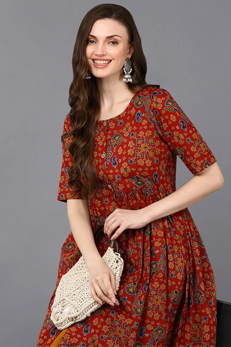 Cotton Red Floral Printed Flared Kurta