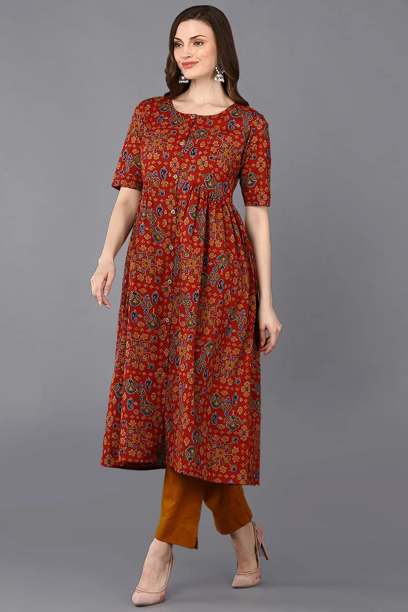 Cotton Red Floral Printed Flared Kurta