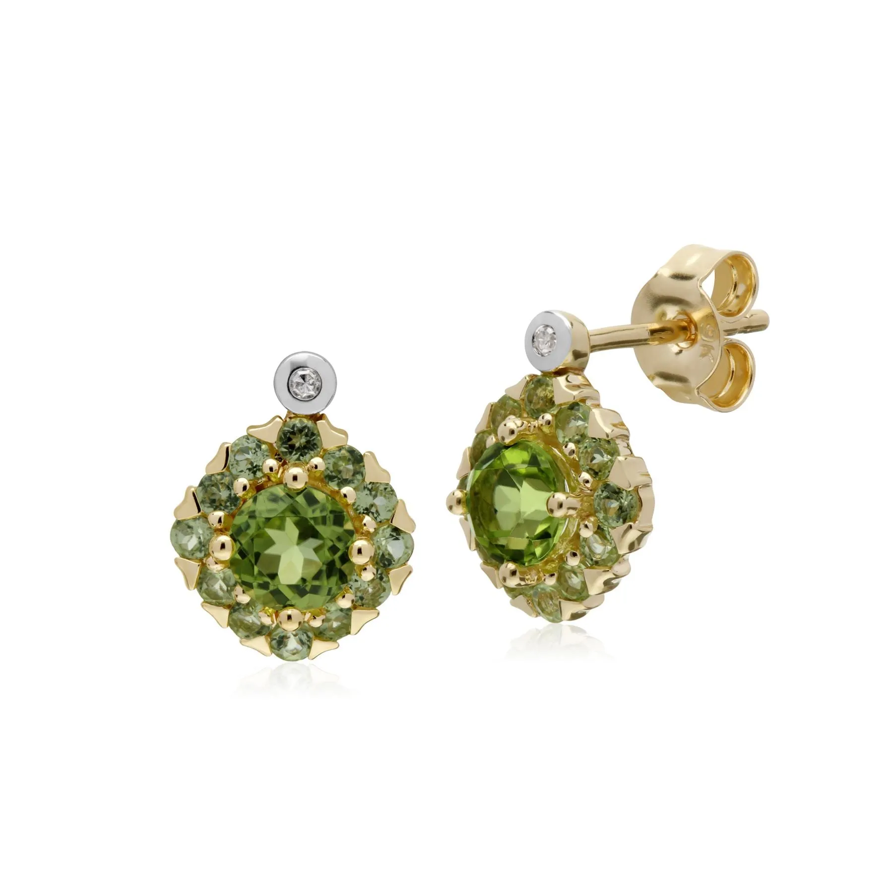 Damen 9 Karat Gelbgold Rund Peridot & Diamant Quadrat Cluster Ohrstecker