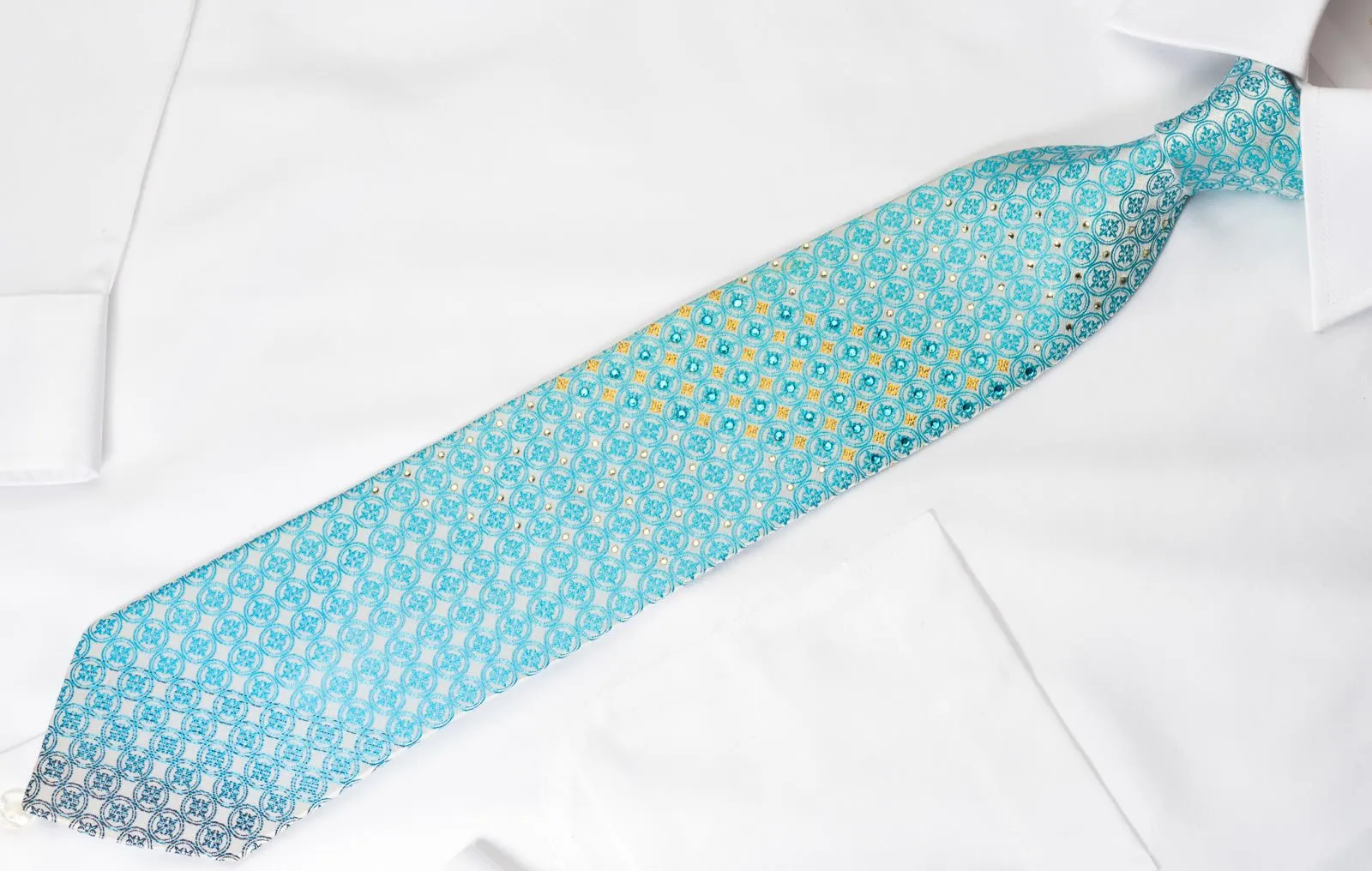 Elle Homme Rhinestone Necktie Blue Foulard On White Silk With Golden Sparkles