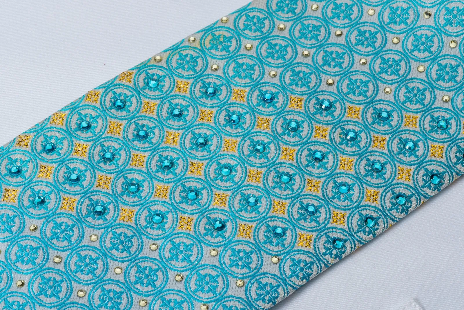 Elle Homme Rhinestone Necktie Blue Foulard On White Silk With Golden Sparkles