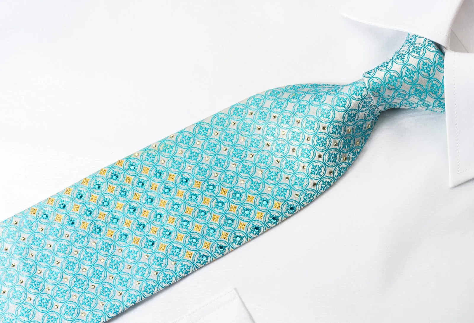 Elle Homme Rhinestone Necktie Blue Foulard On White Silk With Golden Sparkles