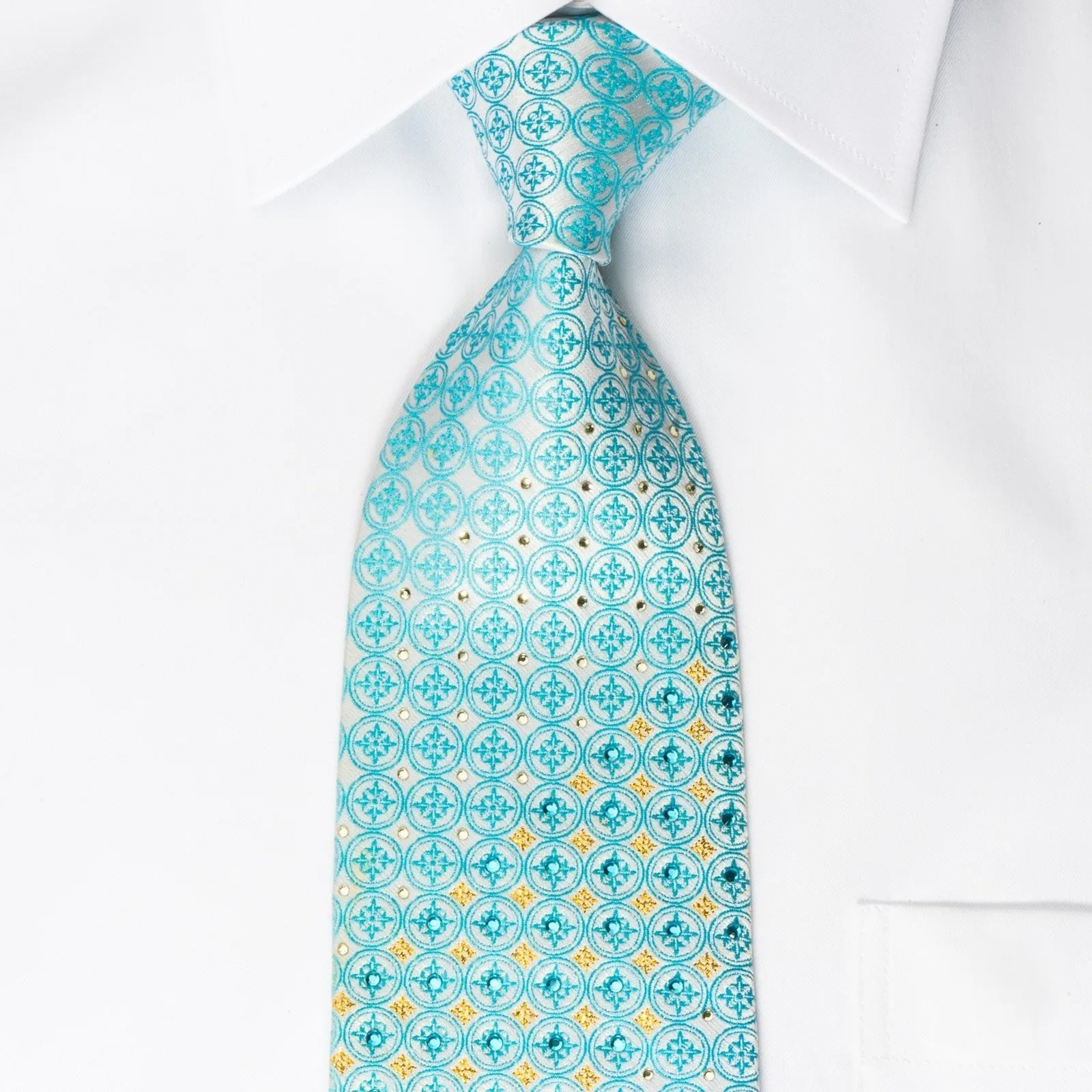 Elle Homme Rhinestone Necktie Blue Foulard On White Silk With Golden Sparkles