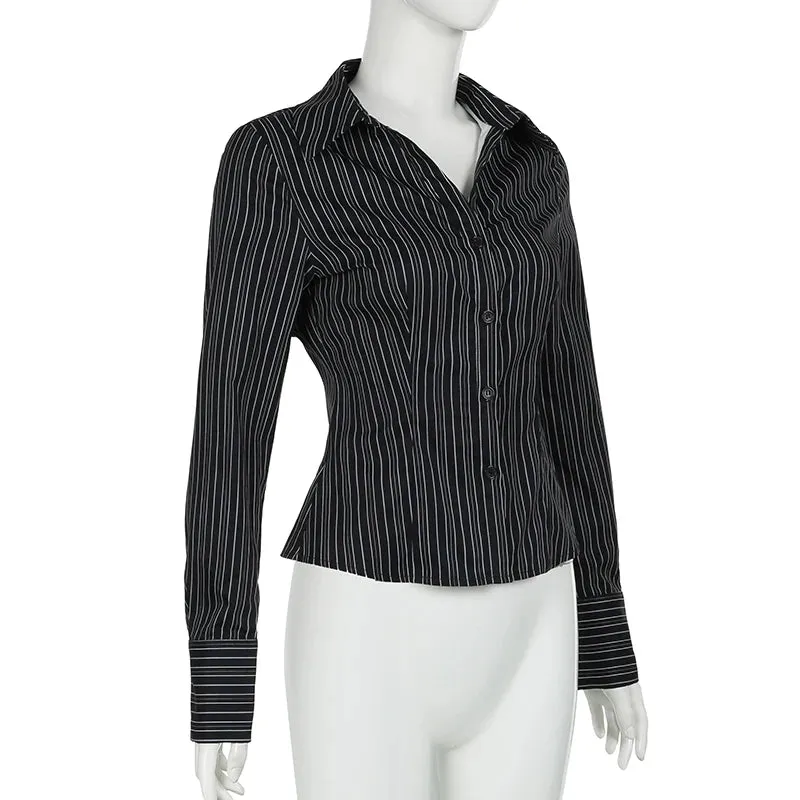 Fashion Chic Black Stripe Women Blouse Slim Long Sleeve Spring Autumn Shirt Top Buttons-Up Casual Y2K Cardigan Retro