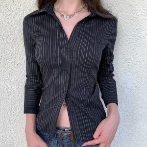 Fashion Chic Black Stripe Women Blouse Slim Long Sleeve Spring Autumn Shirt Top Buttons-Up Casual Y2K Cardigan Retro