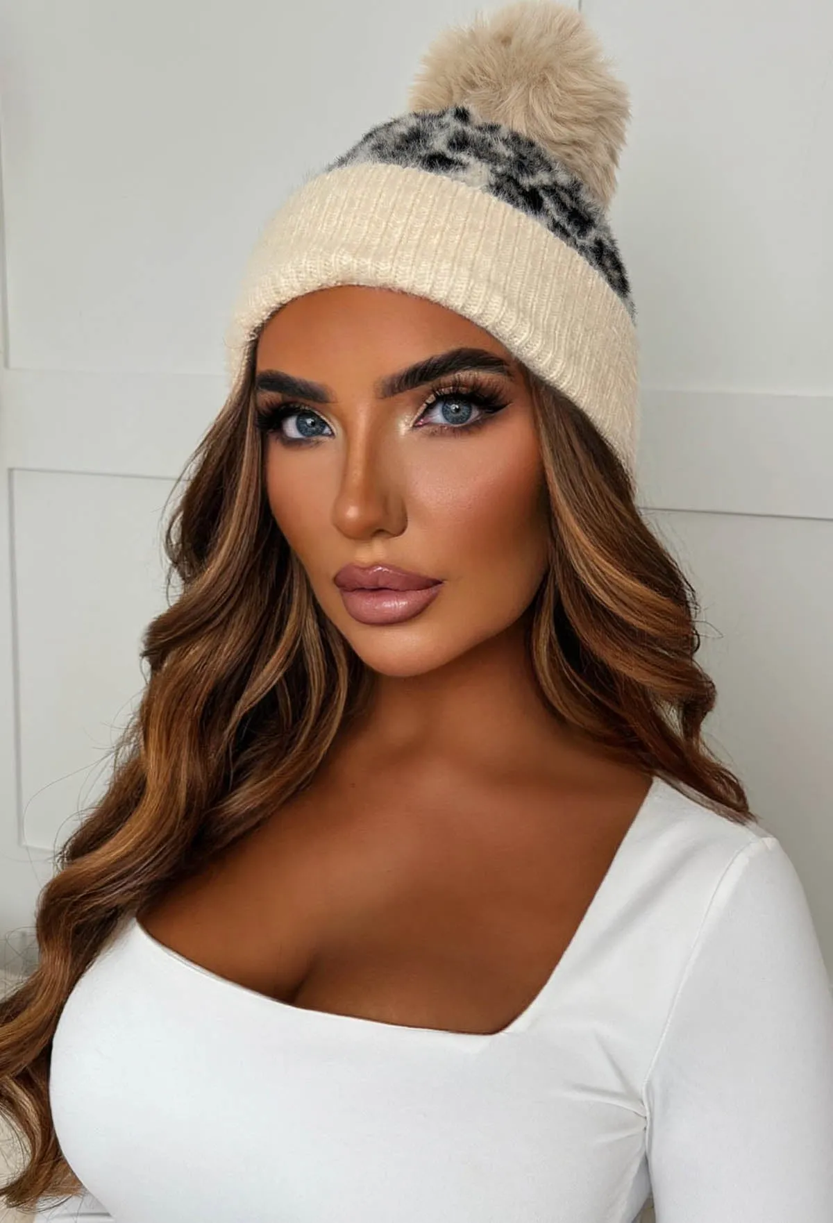 Fierce Cutie Beige Leopard Print Bobble Hat