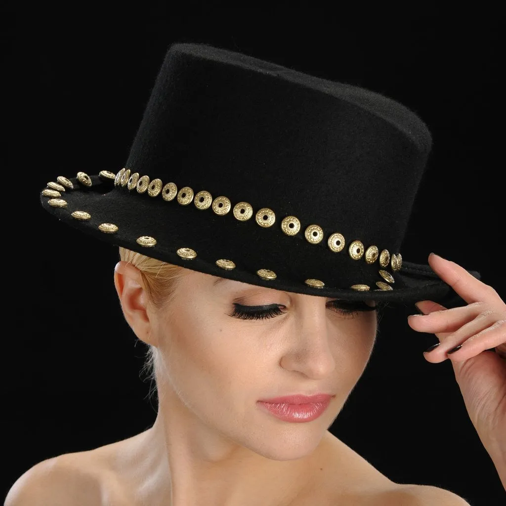 FW1124 Black felt winter hat with gold button trim design