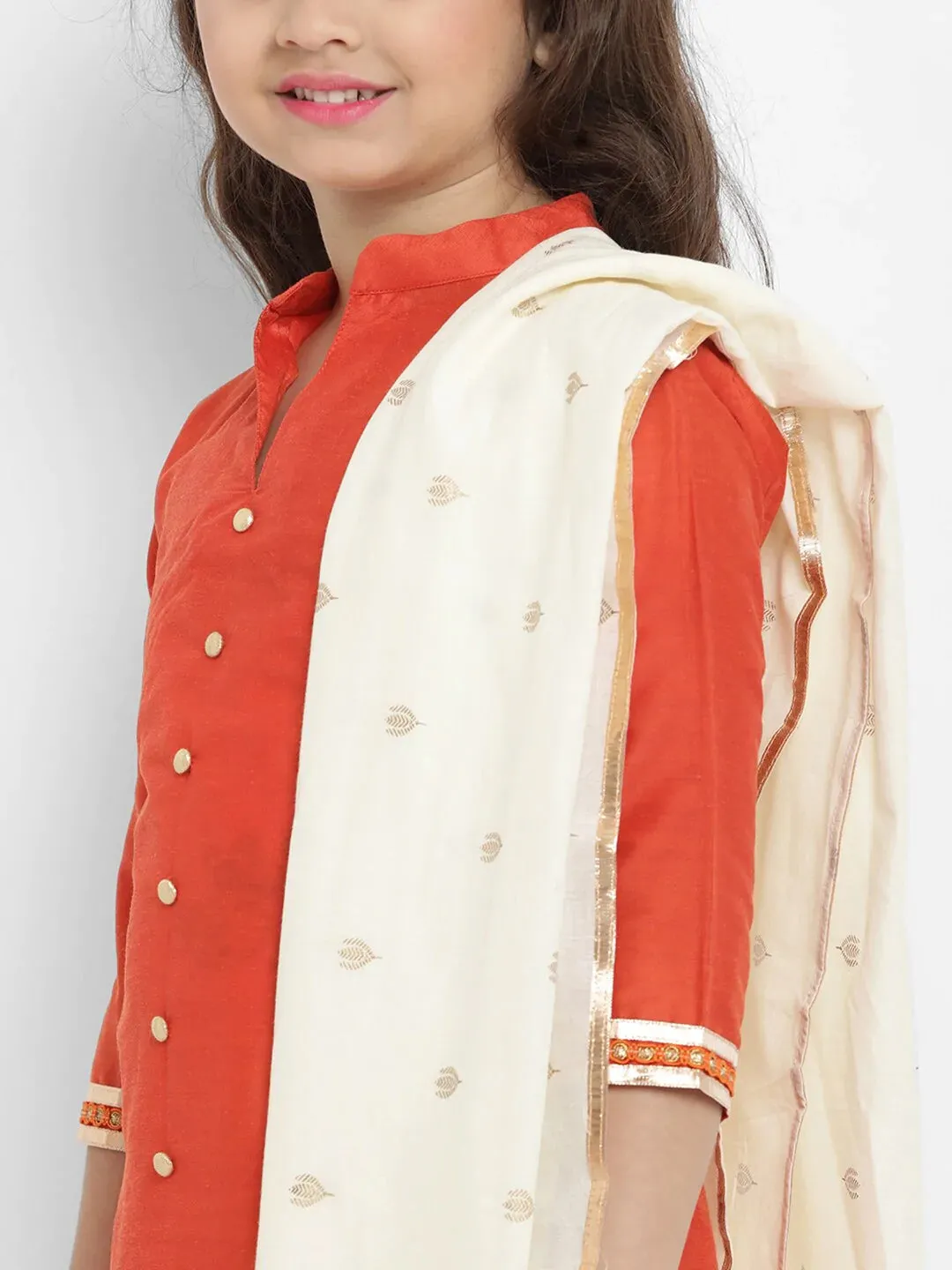 Girls Orange & Beige Solid Kurta With Palazzos & Dupatta