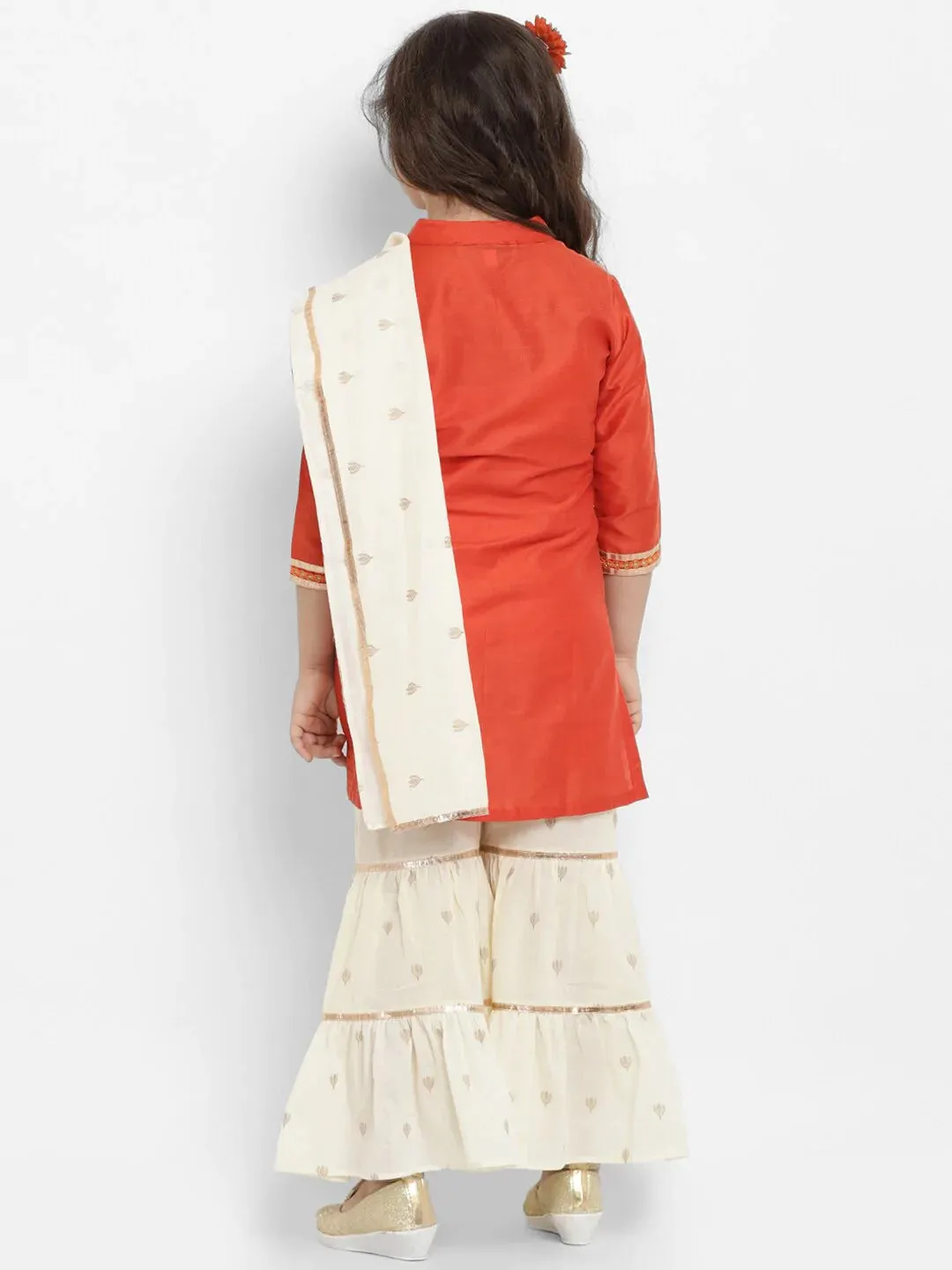 Girls Orange & Beige Solid Kurta With Palazzos & Dupatta