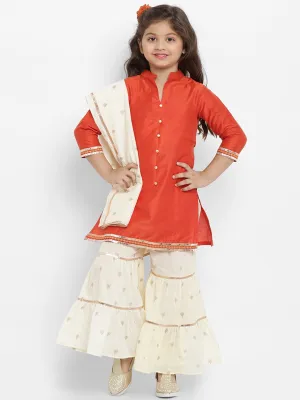 Girls Orange & Beige Solid Kurta With Palazzos & Dupatta