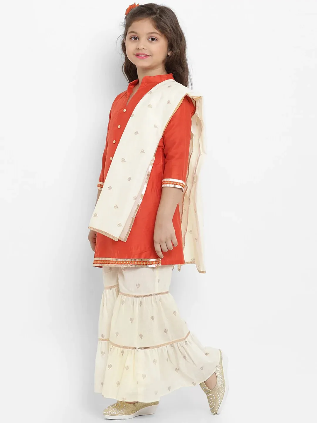 Girls Orange & Beige Solid Kurta With Palazzos & Dupatta