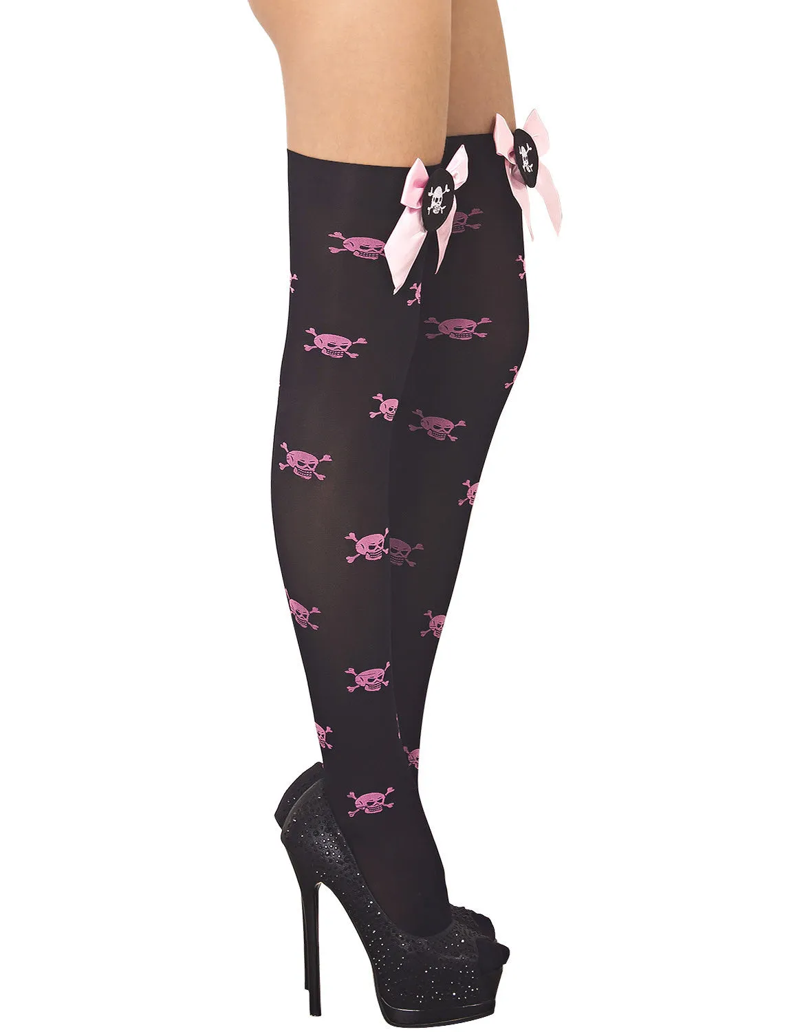 iB-iP Women's Evil Skull Bowknot Seamless Punk Goth Thigh High Hold-up Stockings