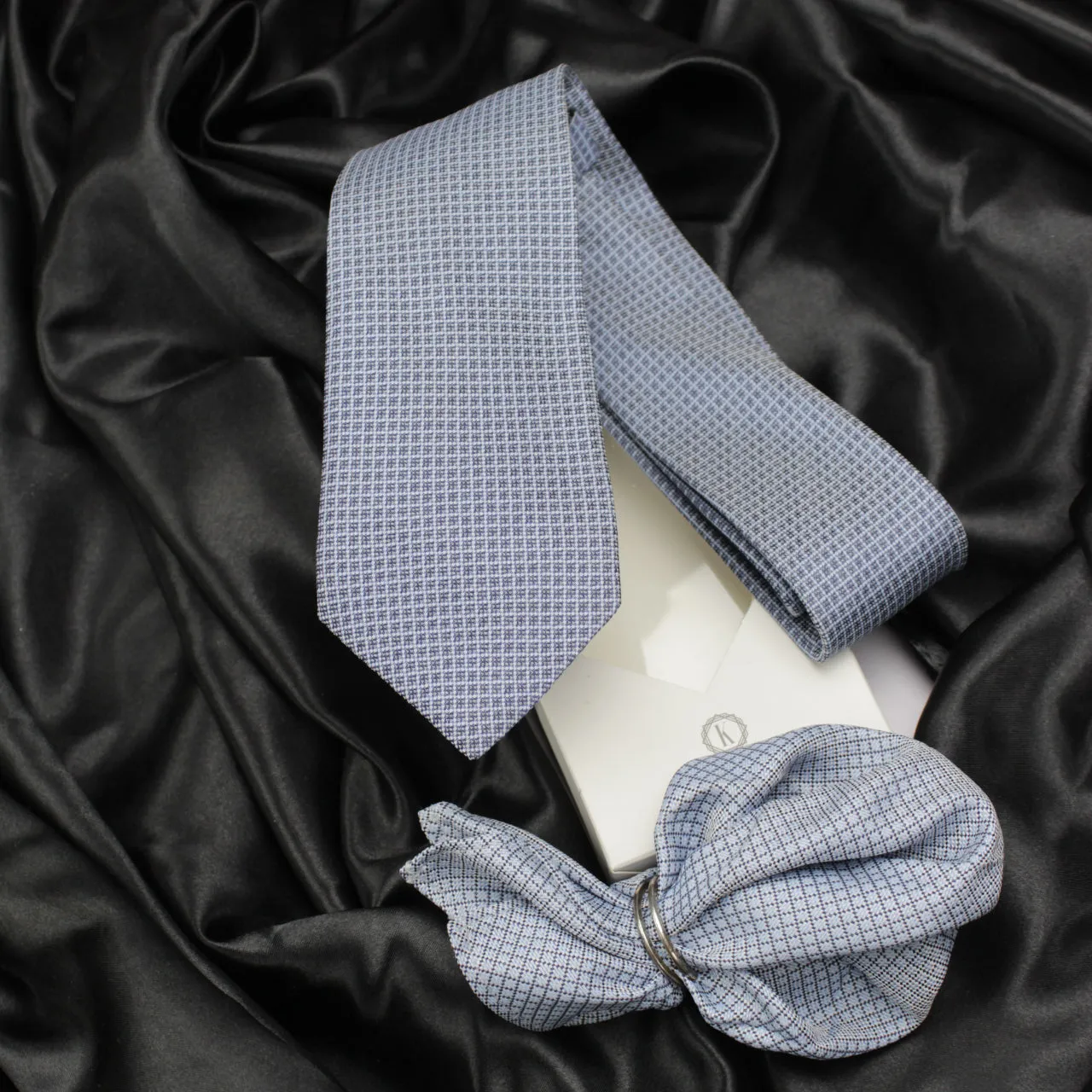 Kovove The Essentials Checkered Blue Necktie and Pocket Square Gift Box