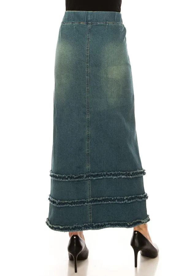 Long Denim Skirt with Ruffles Style 87804 in Vintage Wash