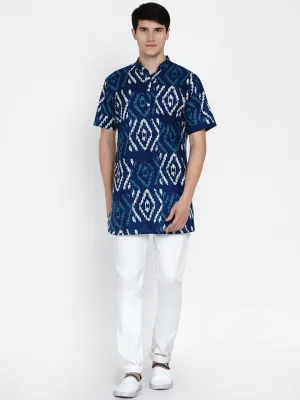 Men Navy Blue & White Geometric Printed Kurta