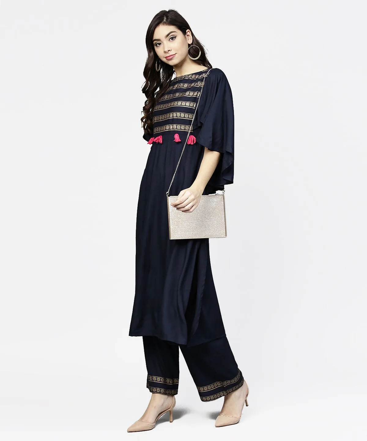 Navy Blue Yoke Printed 3/4Th Sleeve Cotton Yoke Printed Kurta With Ankle Length Palazzo