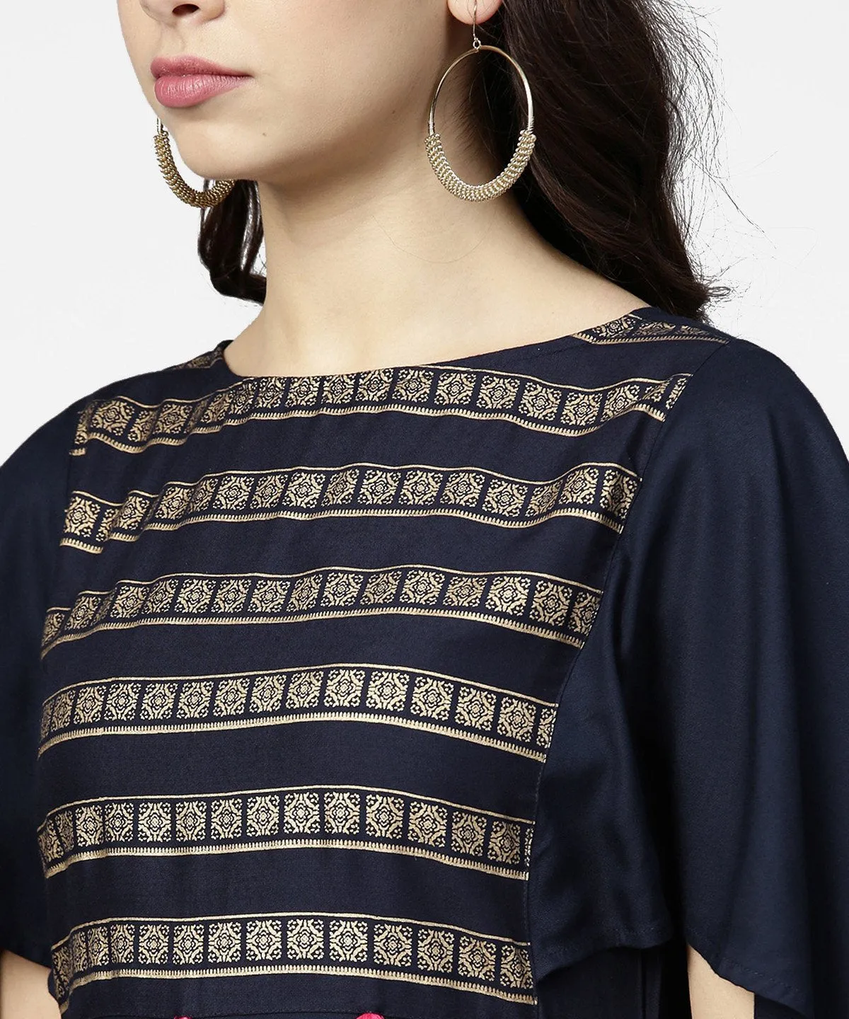 Navy Blue Yoke Printed 3/4Th Sleeve Cotton Yoke Printed Kurta With Ankle Length Palazzo